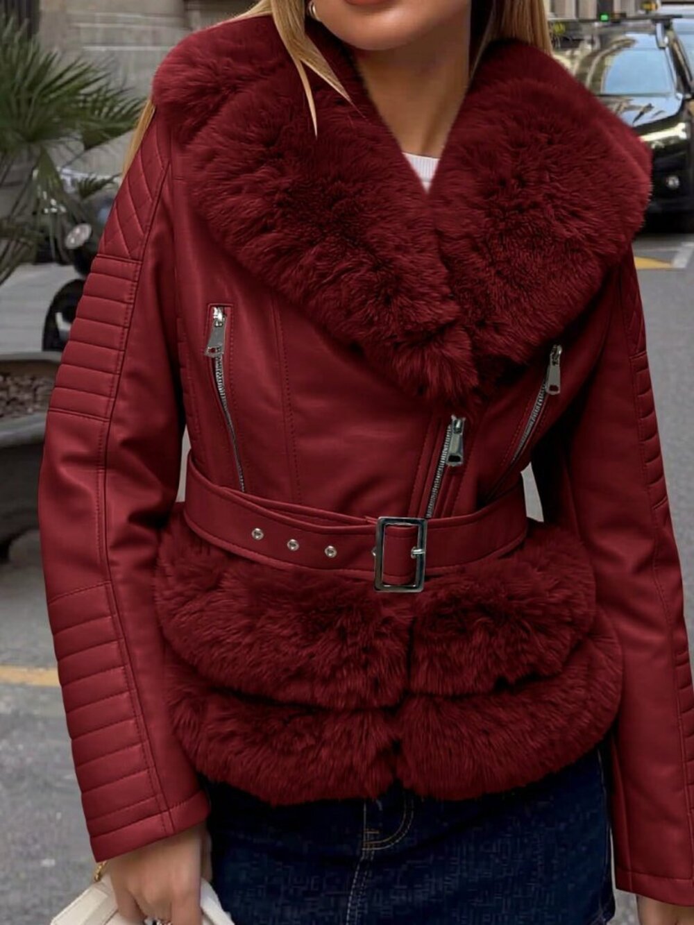 Red Casual Women's Faux Leather Jacket